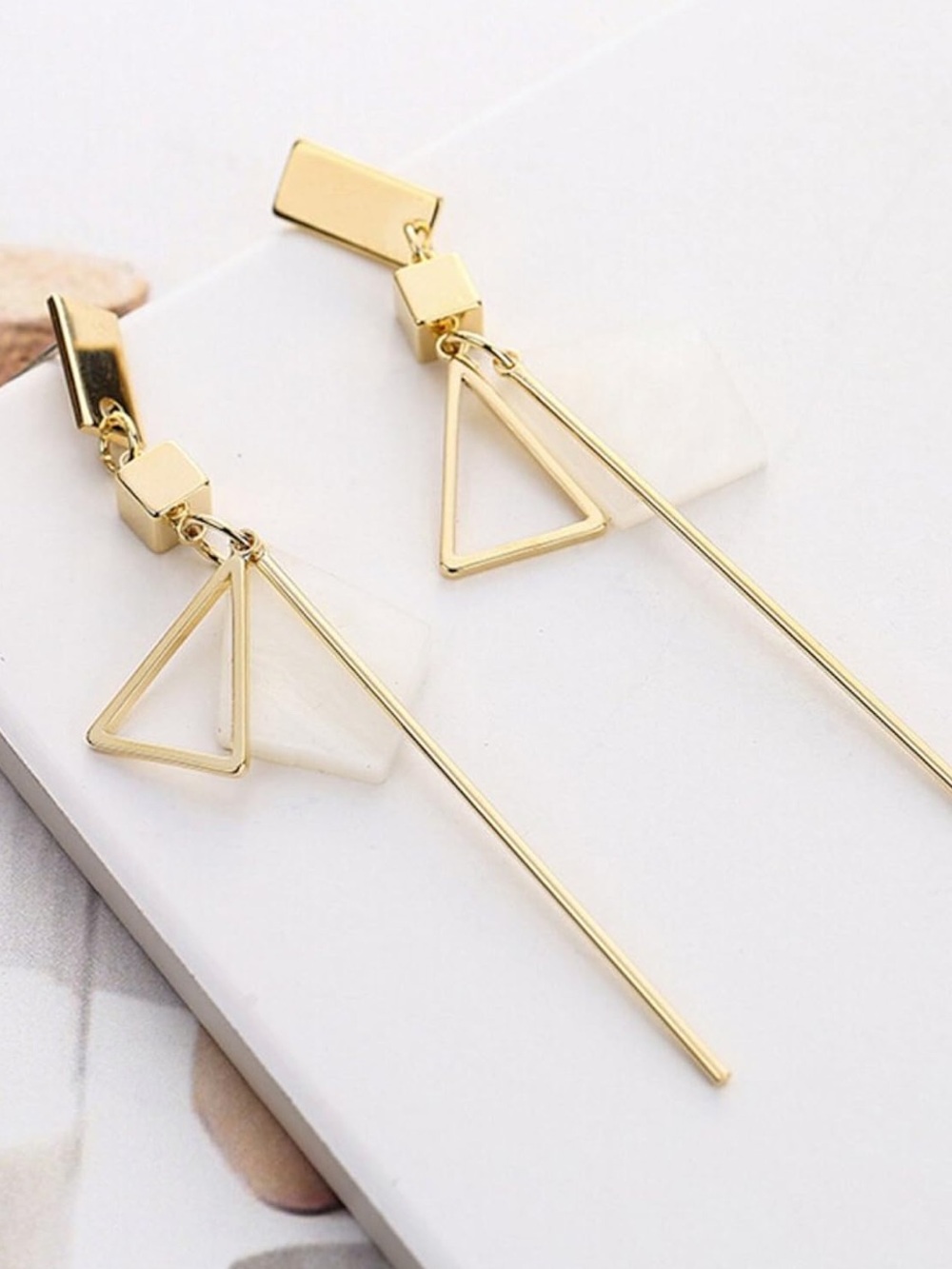 Gold Geometric Drop Earrings - Modern Triangle & Bar Design